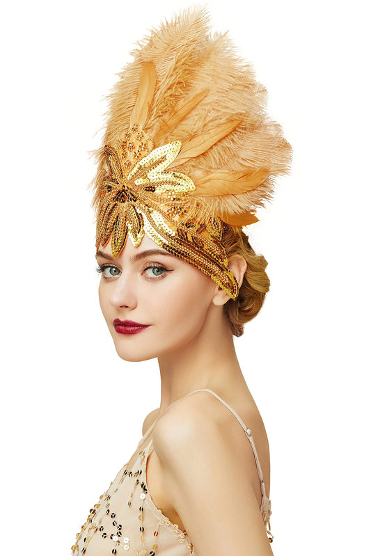 BABEYOND Carnival Feather Headpiece Showgirl Pageant Headband Women's 1920s Flapper Headband (Gold)