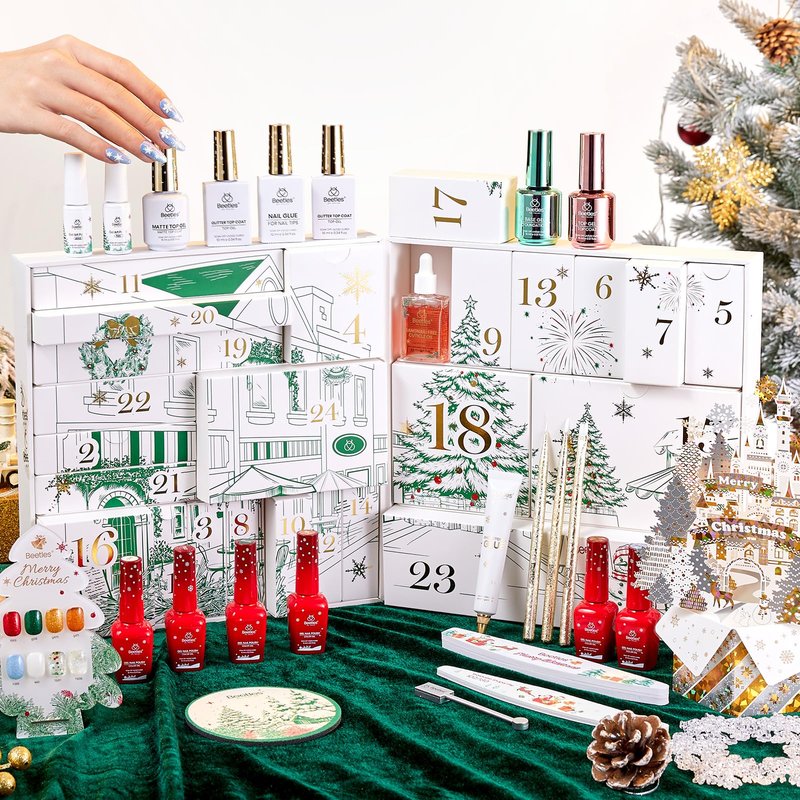 beetles Gel Polish Merry Glitzmas 2026 Gift Box – Summer Nail Art Set with Mini LED Nail Lamp Base Top Coat and Festive Holiday Surprises Gifts for Women Girls