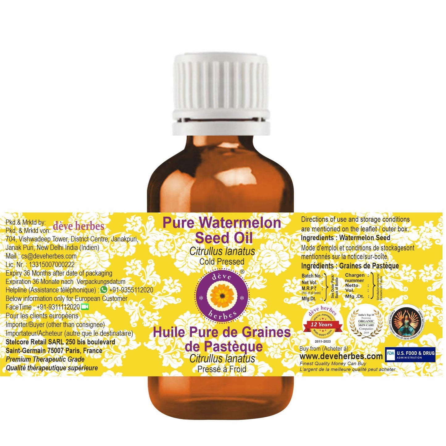 Deve Herbes Pure Watermelon Seed Oil (Citrullus lanatus) | Cold Pressed | Pure | Natural | Undiluted | For Diluting Essential oils | Skin & Massage | Non-Sticky| Lightweight| Unisex | 100ml (3.38 oz)