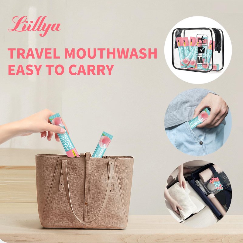 Liillya Mouthwash Travel Size Packets, Individual Portable Mouthwash Alcohol Free, Peach Mint Flavor, Mouth Wash for Adults, Fresh Breath, Oral Care, Teeth & Gum Health, TSA Compliant, 20 Packs