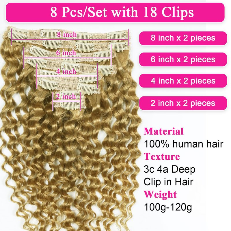 Blonde Clip in Hair Extensions Real Human Hair Deep Curly Glueless Extensions for Black Women 100g/3.5oz Remy Wear and Go 8pcs Double Wefts Invisible Seamless Clip ins Hair 14 inch Wet and Wavy