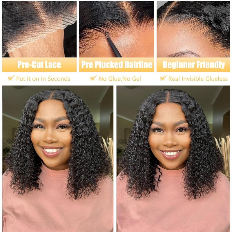 Glueless Human Hair Bob Wig - Pre Plucked Deep Wave Curly 12 Inch | 180% Density Lace Closure for Women