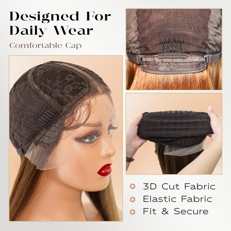 BLL Hightlights Wig Honey Brown Wigs Straight Glueless 30 Inch T Part Wig HD Lace Balayage (Honey Brown 4/30, 30 Inch)