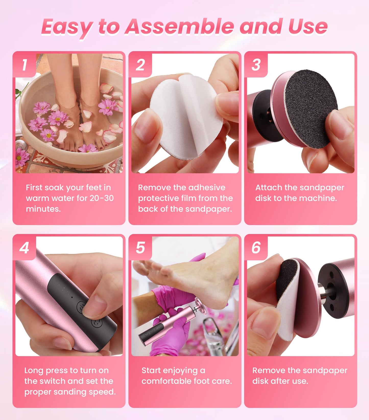 JOMLEY Electric Foot Callus Remover, 6 Speeds 2-in-1 Rechargeable Electric Foot File & Nail Grinder, Callus Remover for Feet Pedicure Tools with Sandpaper Disc for Dead Skin - Pink