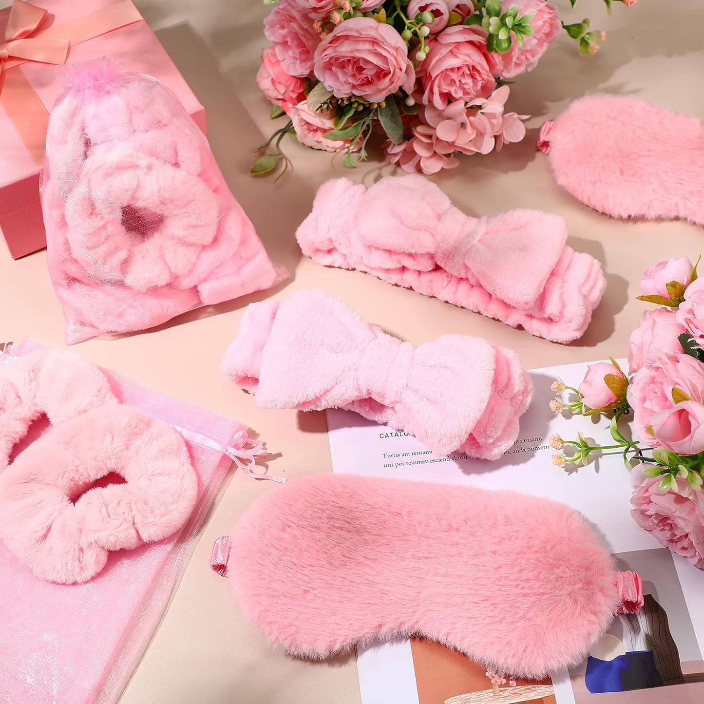 Mimorou Spa Party Supplies - 48-Piece Set with Headbands, Plush Eye Masks & Velvet Scrunchies | Pink