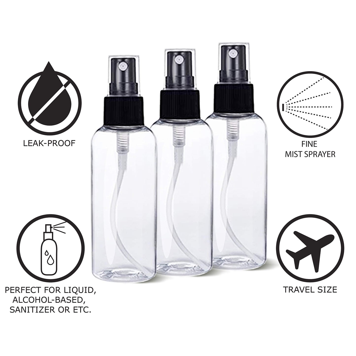 SANSHIELD 100 Pack 2 oz (60 ml) Clear PET Plastic Spray Bottles with Cap, Refillable and Reusable, Portable Travel Size Small Mist Bottles