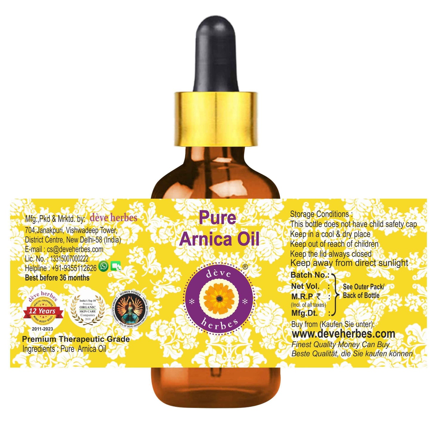 Deve Herbes Arnica Oil (Arnica Montana) with Glass Dropper | Infused | Pure | Non-Sticky | Lightweight | For Facial Care | Men & Women | 100ml (3.38 oz)