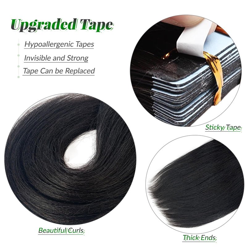 Yaki Tape in Extensions Human Hair Double Sided Relaxed Straight Black Real Remy Tape in Hair Extensions for Black Women Full Head 16 Inch Yaki Straight Tape in Bundles Natural Black 50g 20pcs