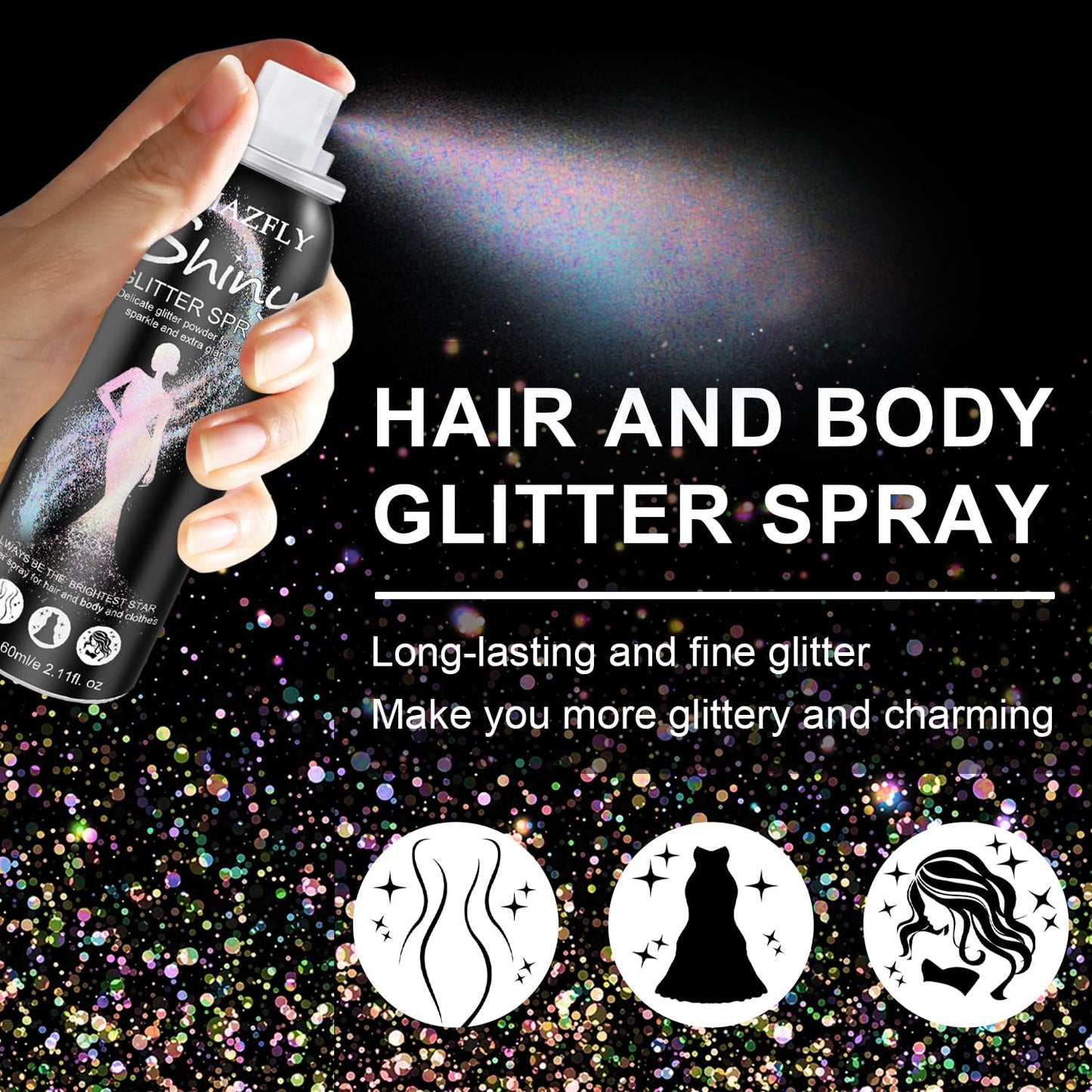 Hair and Body Glitter Spray, Aerosol Glitter Spray for Hair and Body, Long-Lasting and Quick-Drying Silver Glitter Hairspray Suitable for Stage, Festival Rave and Makeup Prom (Rainy-Rainbow)