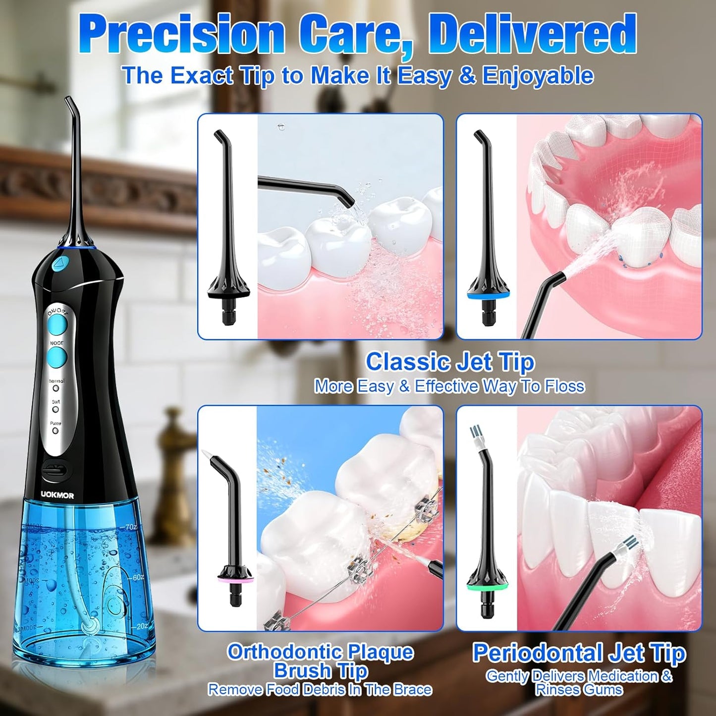 Dental Flosser Water Pick - Portable Cordless Oral Irrigator with 3 Modes | IPX7 Waterproof, Rechargeable for Adults and Braces