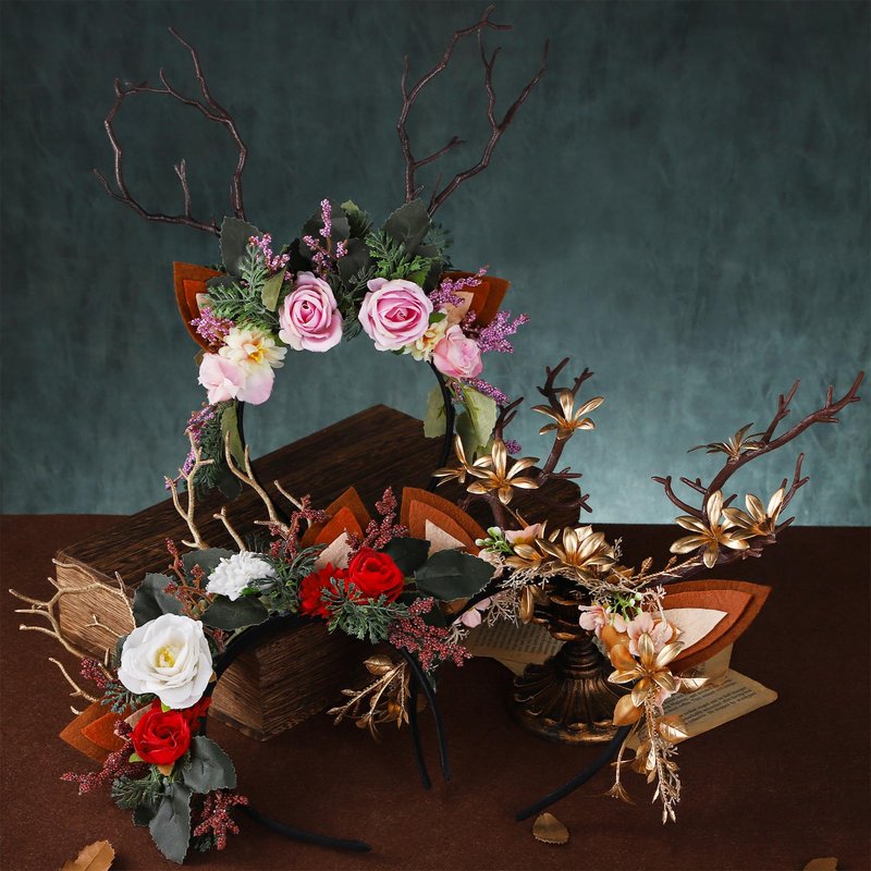 MOSTORY Handmade Antler Branch Headband Gold - Adjustable Reindeer Tree Crown with Flowers Floral Woodland Headpiece for Renaissance Christmas Cosplay Prom Costume Photo Props
