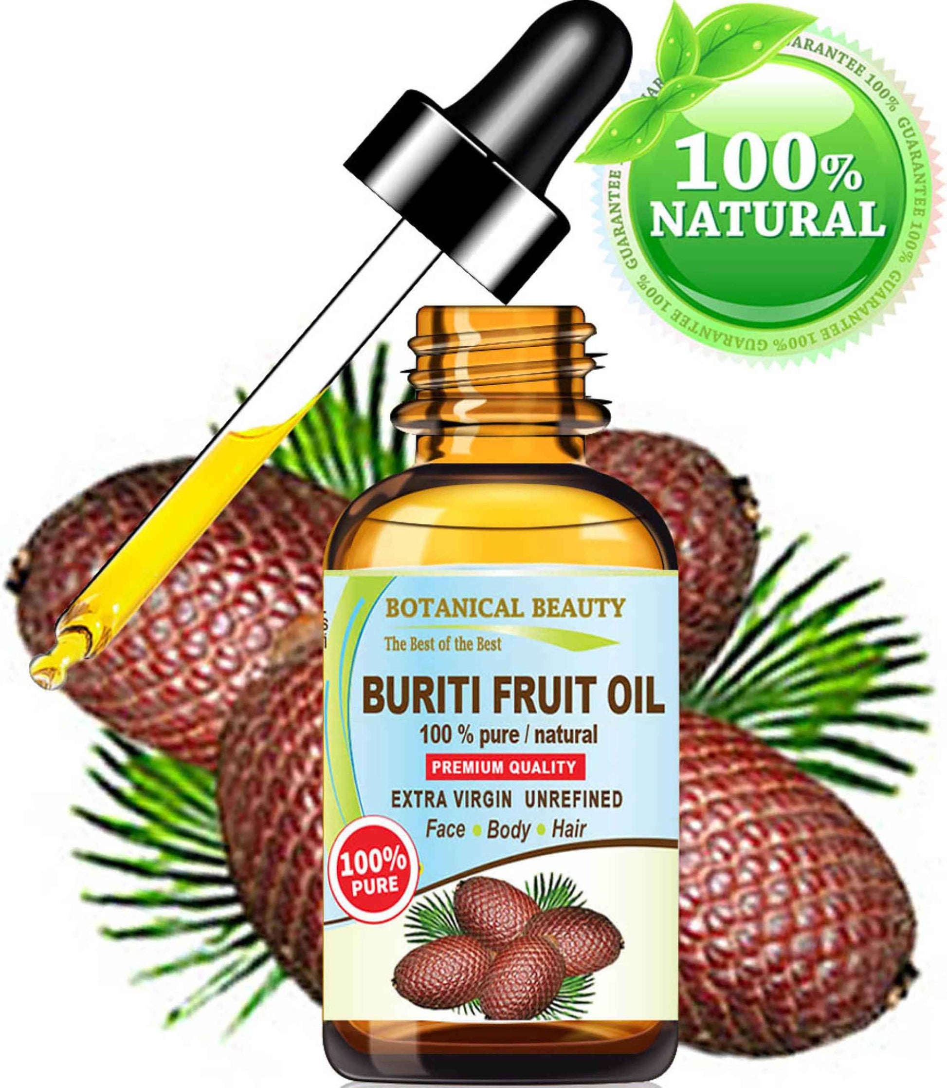 Botanical Beauty Brazilian BURITI FRUIT OIL 100% Pure Natural Virgin Unrefined Cold Pressed Carrier Oil Undiluted for Face, Body, Hair, Lip, Nails (1 Fl Oz)