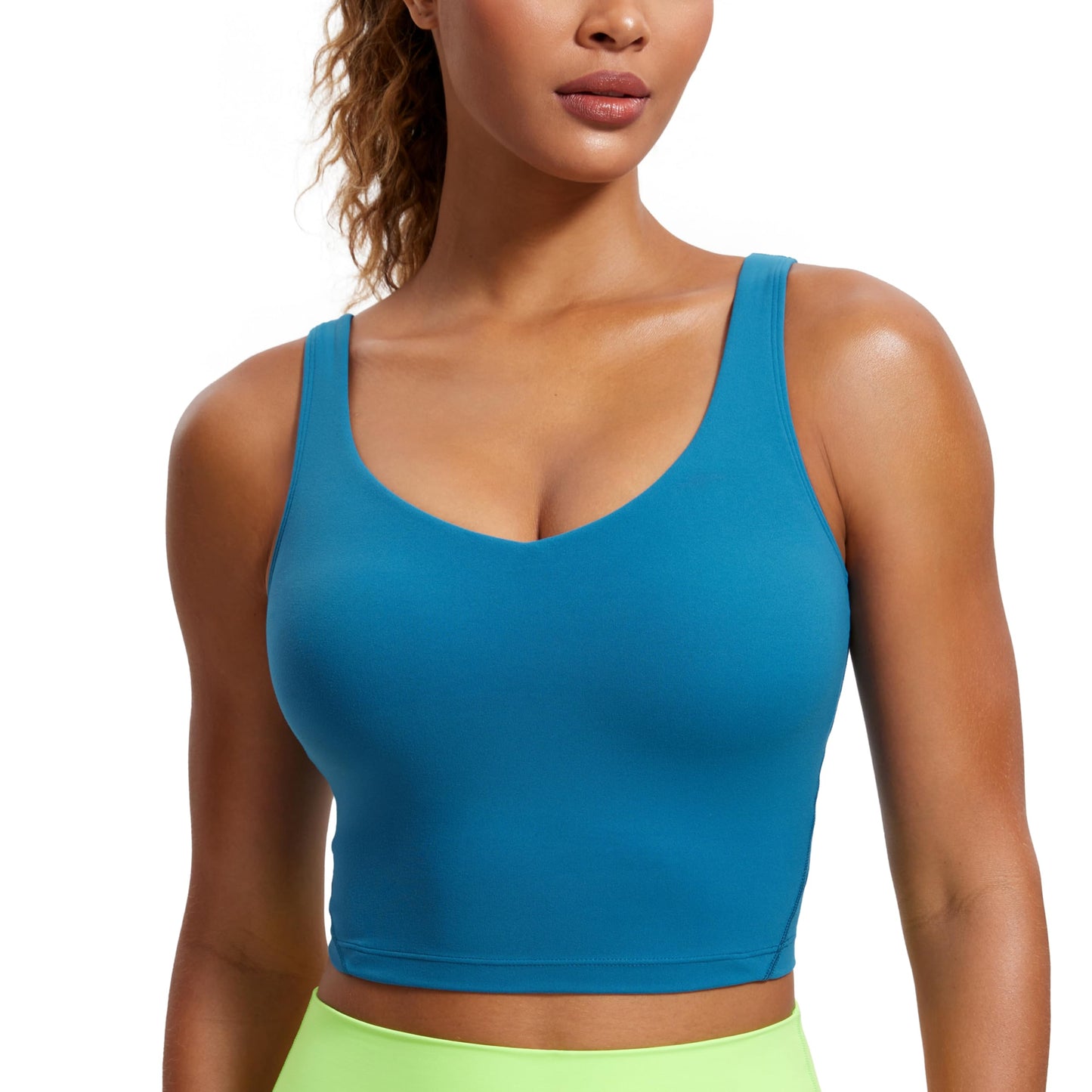 CRZ YOGA Butterluxe Womens V Neck Longline Sports Bra - U Back Padded Crop Workout Tank Tops with Built in Pads Super-Sonic Blue Small