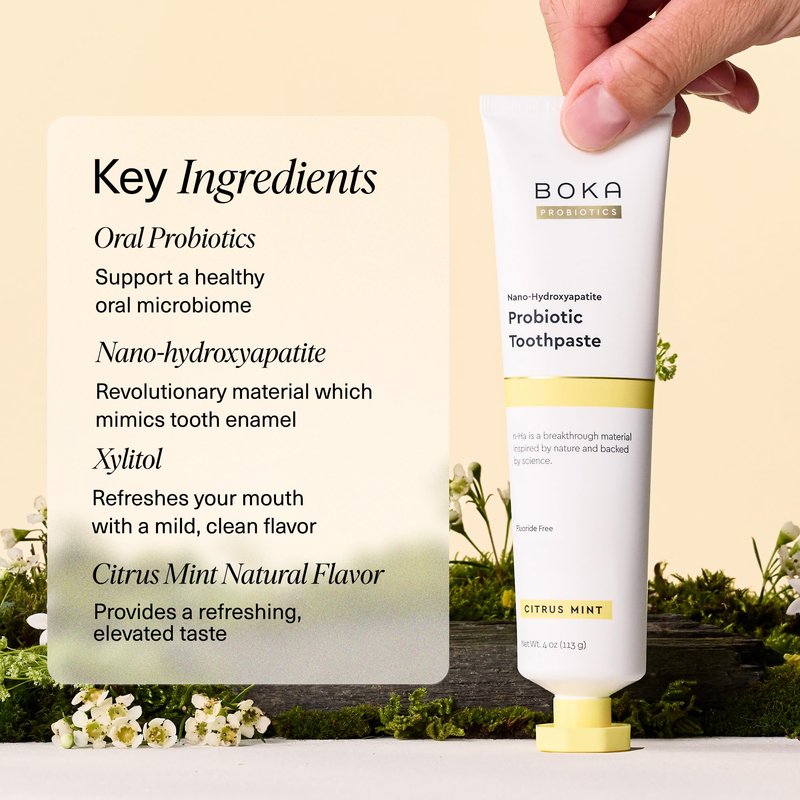 Boka Probiotic Toothpaste - Fluoride Free, Nano Hydroxyapatite Toothpaste - Made with Probiotics - Peppermint Blossom, 4 Fl Oz, 1Pk