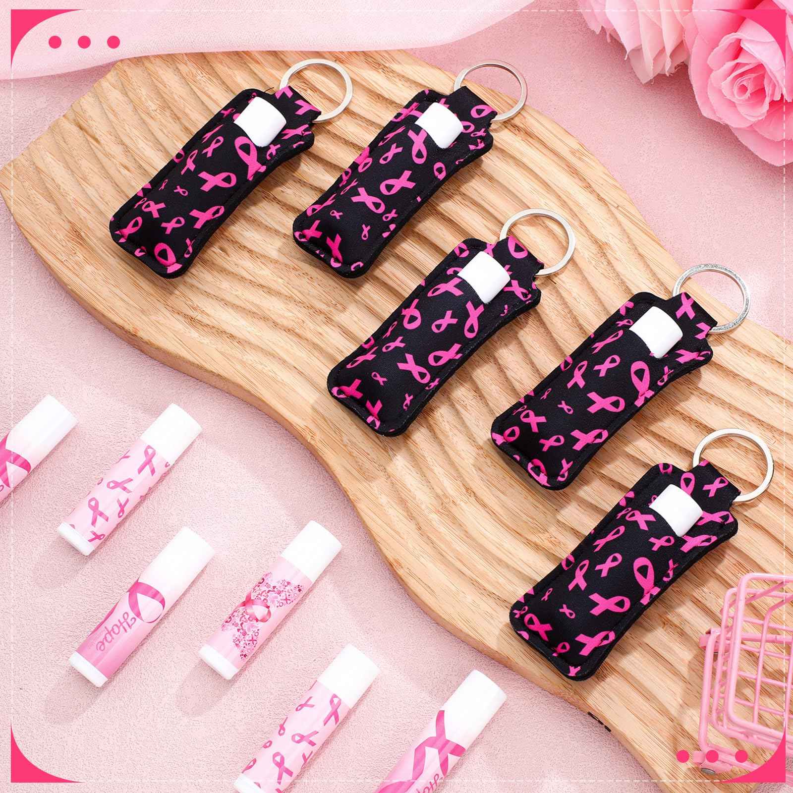 Swiffen 36 Pcs Breast Cancer Awareness Lip Balms with Holder Keychains Pink Ribbon Gifts Bulk Pink out Day Breast Cancer Accessories Survivor Gifts Natural Moisturizing Care for Girls Youth Cheer Team