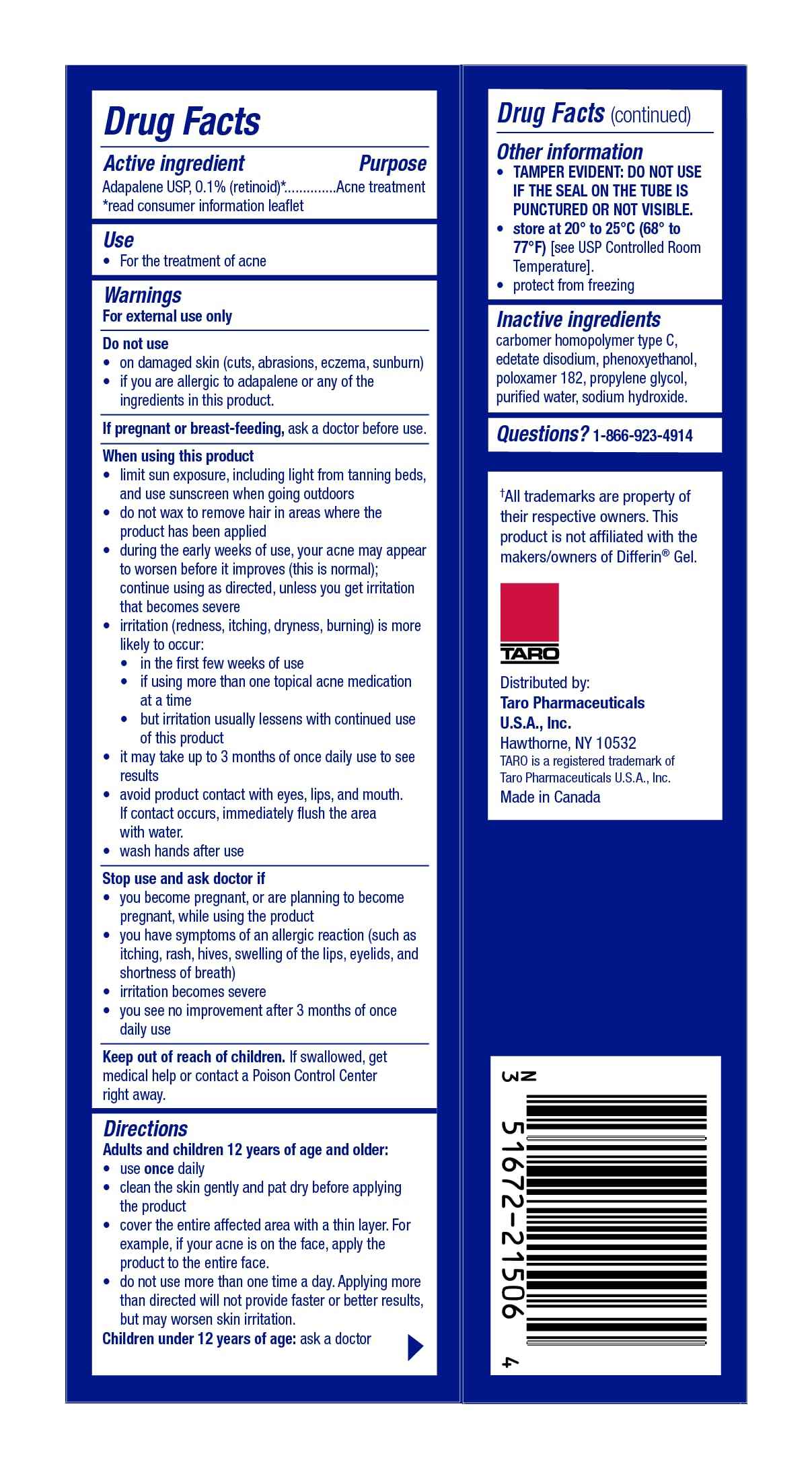 TARO Adapalene 0.1% USP Gel, Paraben Free, Retinoid Acne-Prone Facial Treatment for Sensitive Skin, Prescription Strenght (1.6)