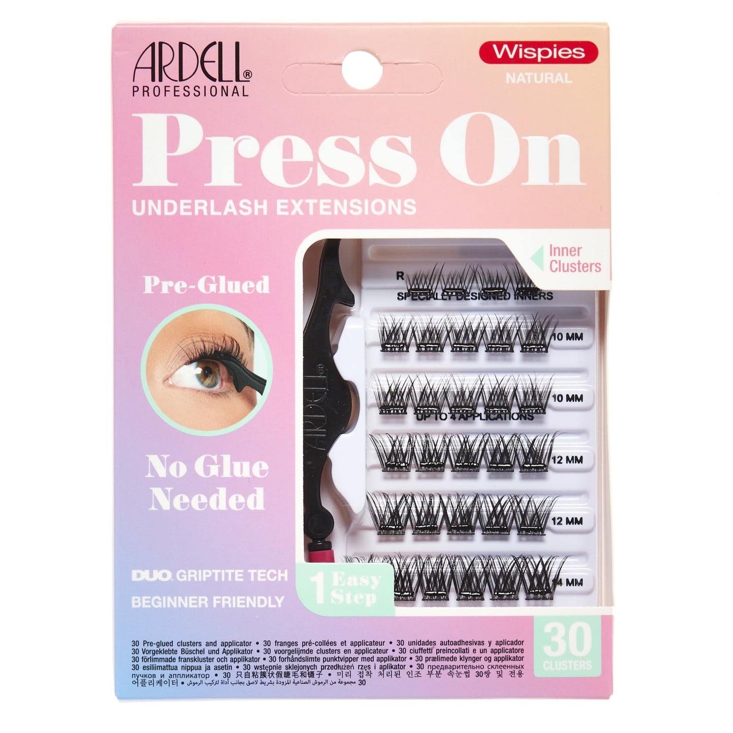 Ardell Press On Pre-Glued Eyelash Extension with Applicator - Wispies Natural, Customizable DIY Lash Clusters, Beginner Friendly Individual Lashes, 30 Count
