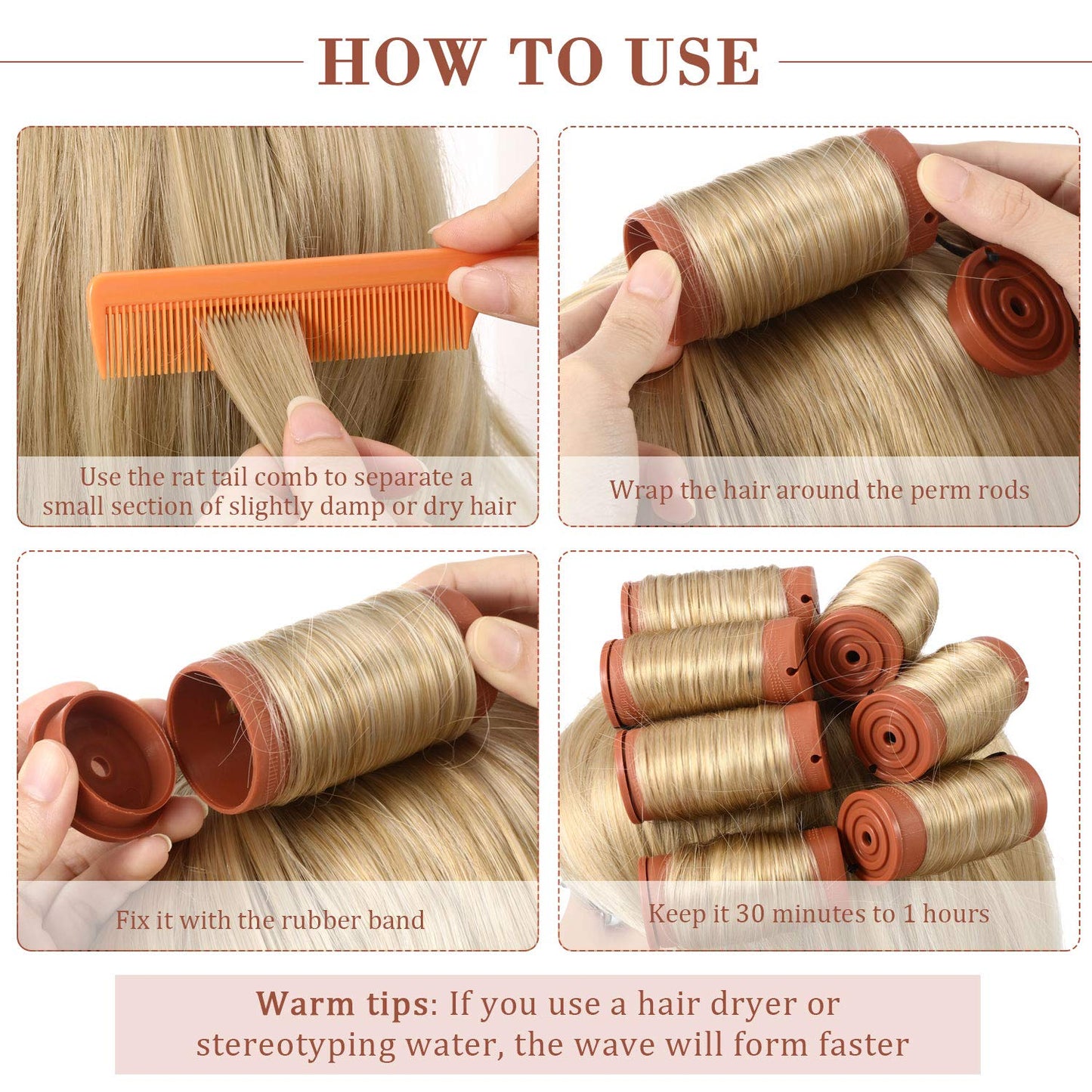 12 Pieces Large Hair Perm Rods Set Cold Wave Rods Plastic Hair Curling Rollers with Stainless Steel Rat Tail Comb Pintail Comb for Hairdressing Styling Tools(1.57 Inch,Brown)