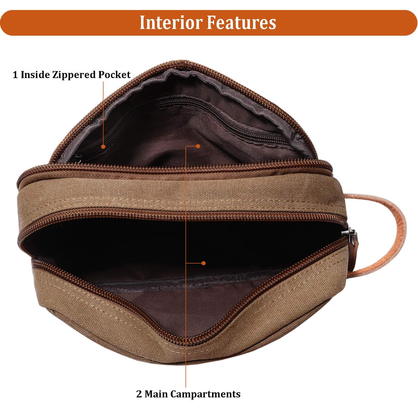 Mactso Men's Toiletry Bag, Vintage Canvas Leather Travel Dopp Kit with 2 Compartments, Heavy Duty Zipper, 9.5x5.5x4 Inch Retro Shaving Makeup Organizer for Business Travel Gym Camping (Coffee)