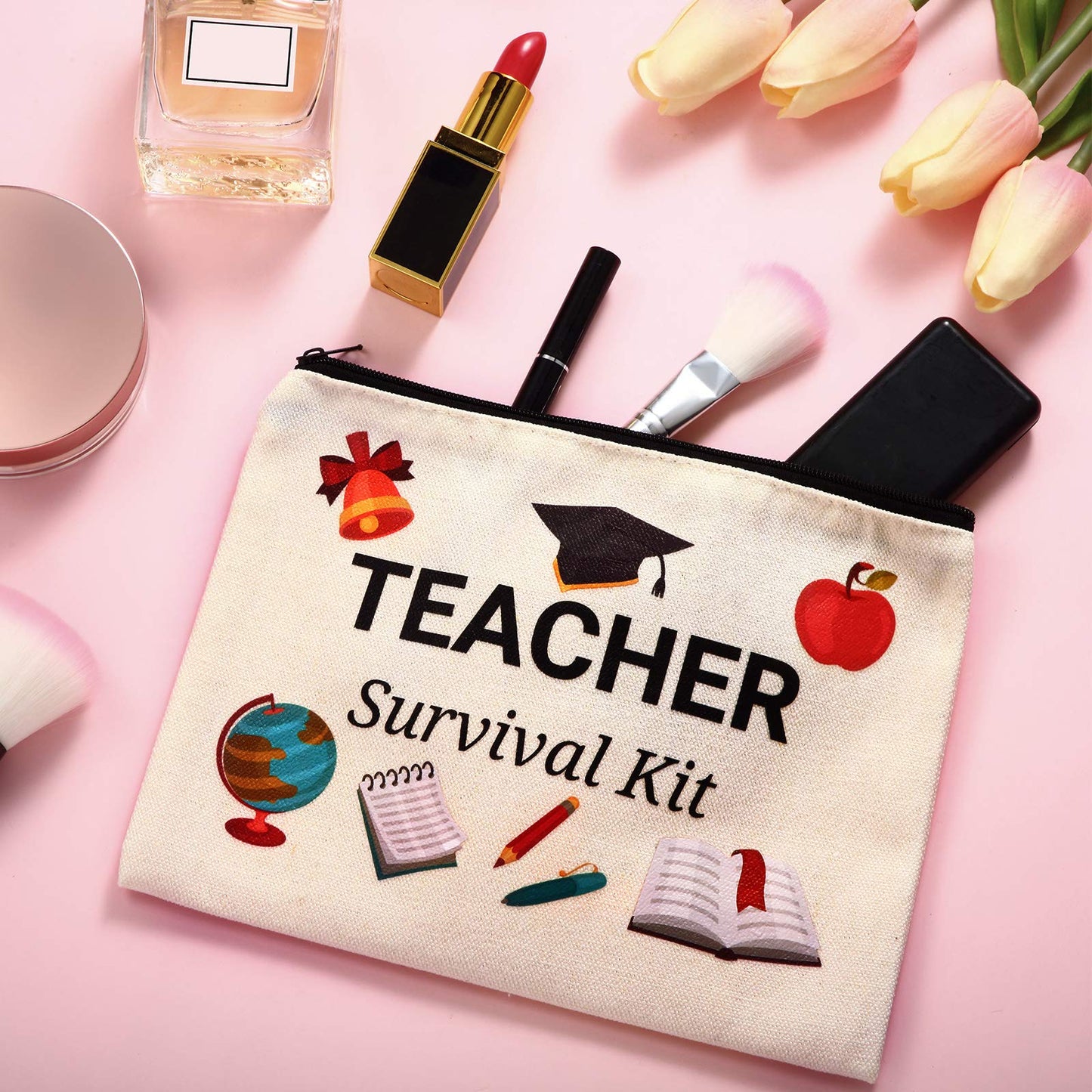 Weewooday 20 Pieces Teacher Appreciation Gifts Back to School Cosmetic Bags Teacher Canvas Makeup Bags Toiletry Case Pencil Bag with Zipper Stationery Case Bag for Teachers Appreciation Gifts