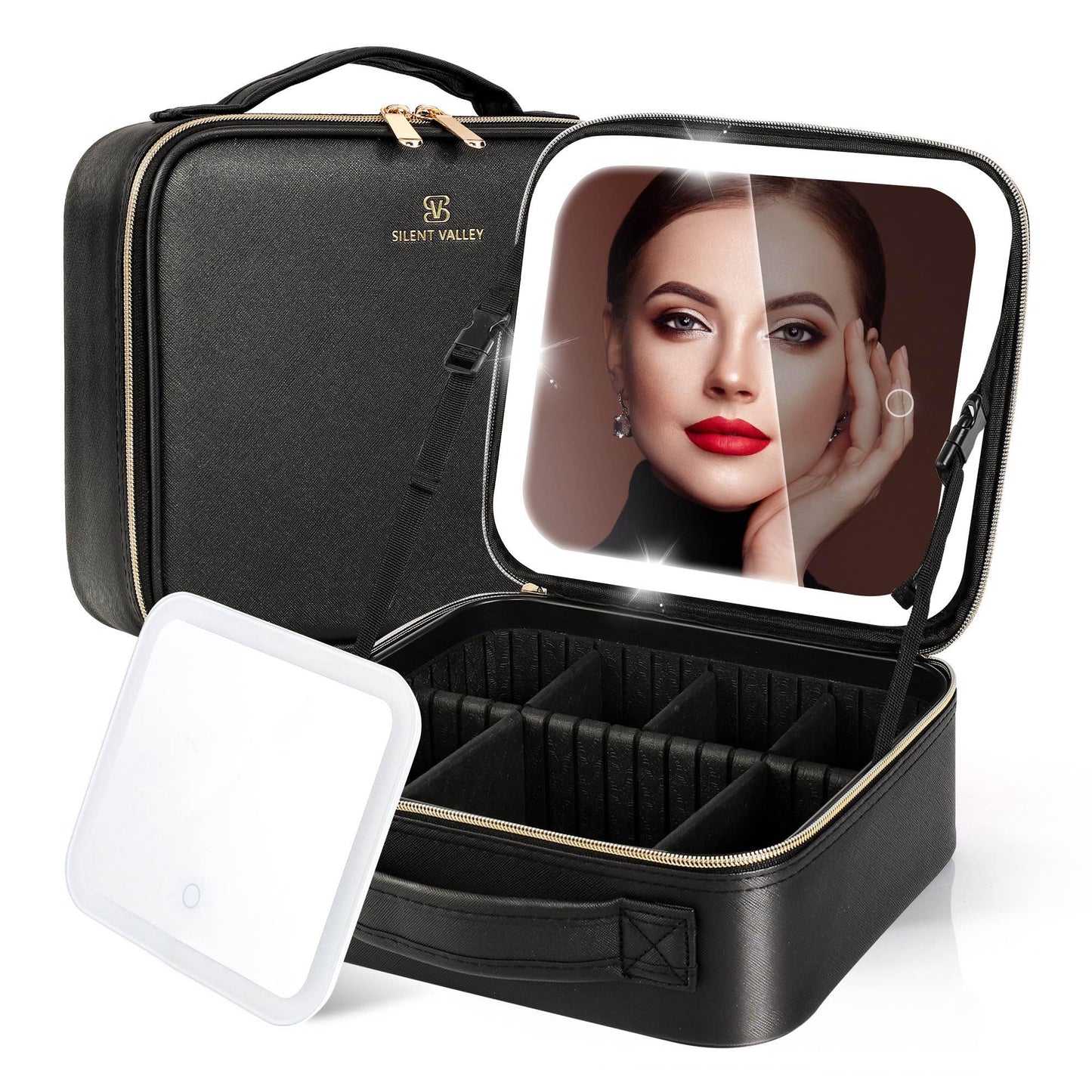 NHOPEJRJY Makeup Bag with Light up Detachable Mirror 3 Color Scenarios Adjustable Brightness Large Cosmetic Organizer Storage Adjustable Dividers Waterproof Makeup Brushes Toiletry Gift Black
