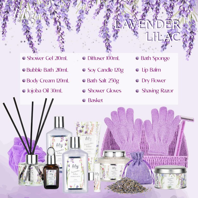 Gifts for Women, Birthday Gift - 15-Piece Lavender Spa Gift Basket for Women, Bath and Body Gift Basket, Spa Kit for Mothers Day, Christmas, Valentines Day, Perfect Present for Her & Mom