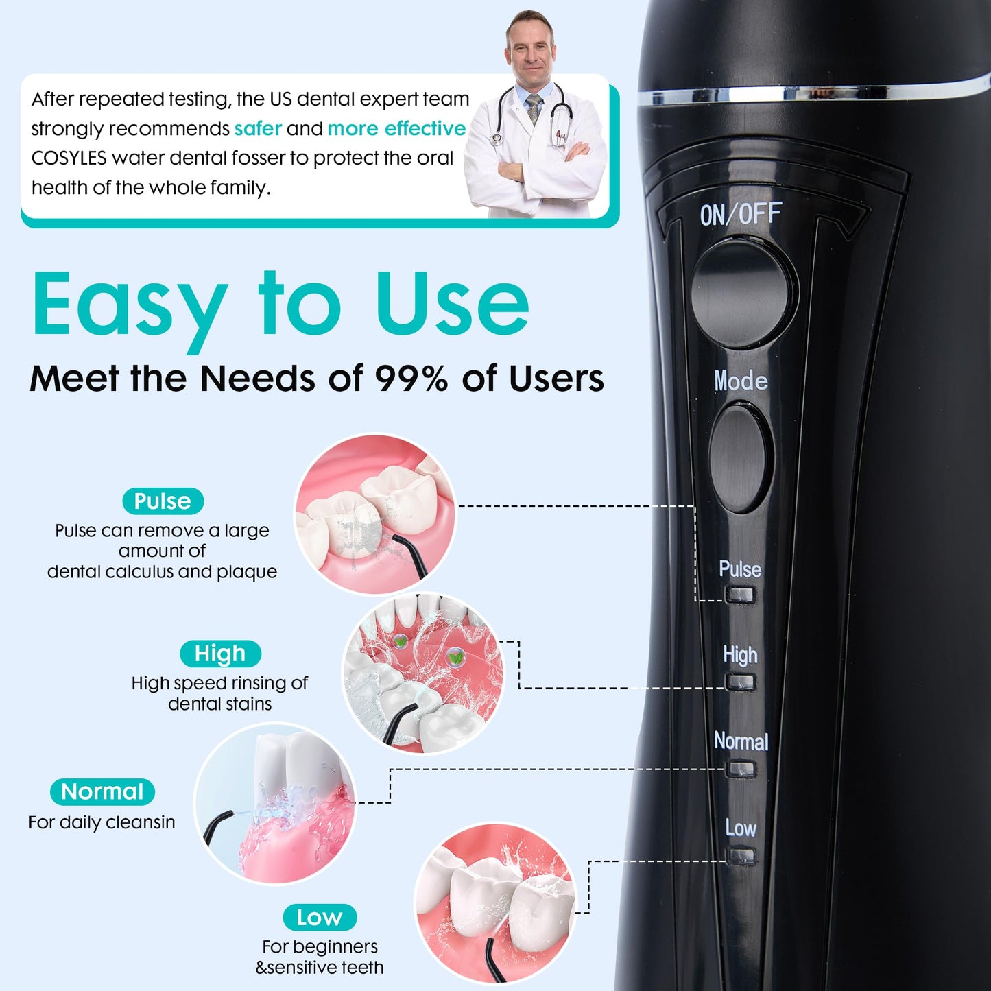 Cosyles Water Dental Flosser -Teeth Pick -With 9 Nozzels, 4 Modes, 300ML Tank - Oral Irrigator –IPX7 Waterproof Electric Water Flosser for Tonsil Stone, Teeth Cleaning, Travel-Friendly, Plaque Remove,