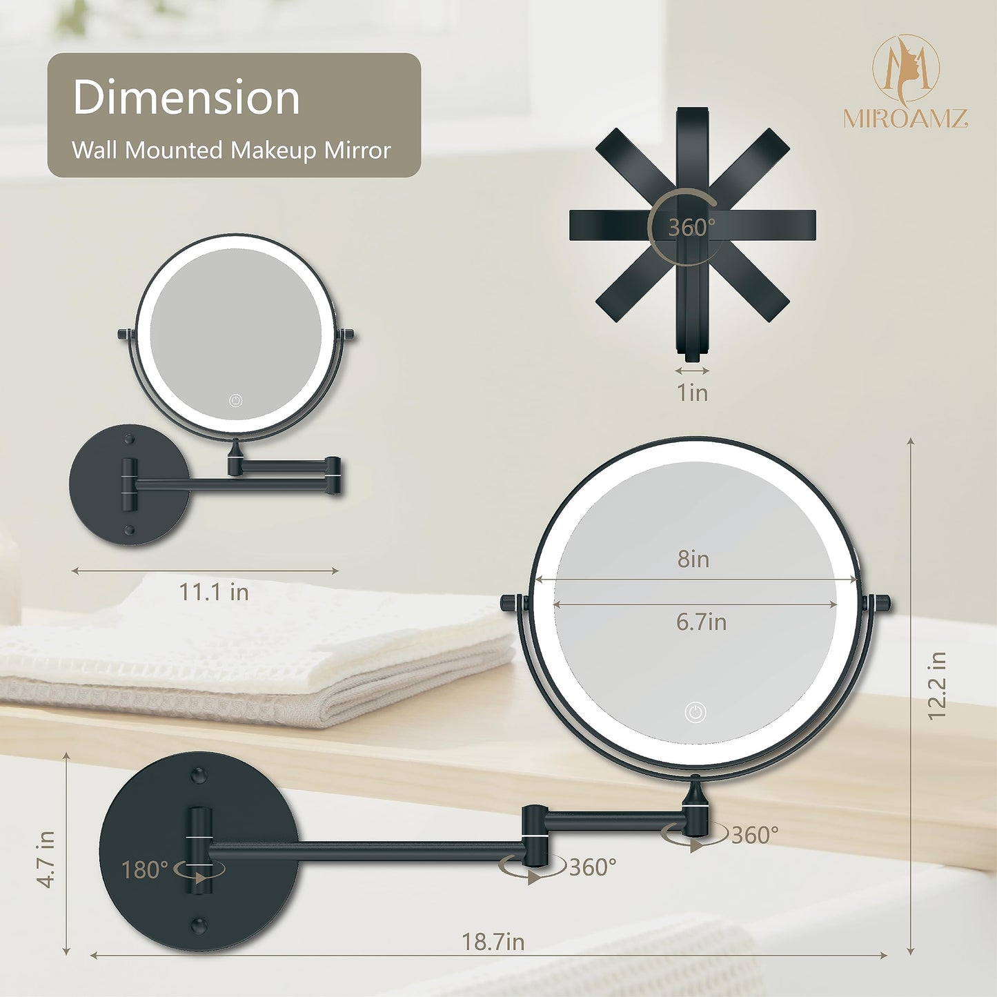 MIROAMZ Rechargeable Wall Mounted Lighted Makeup Vanity Mirror 8 Inch Double Sided 1X 10X Magnifying Bathroom Mirror, 3 Color Lighting, Touch Screen Dimming, 360 Rotation Shaving Matte Black