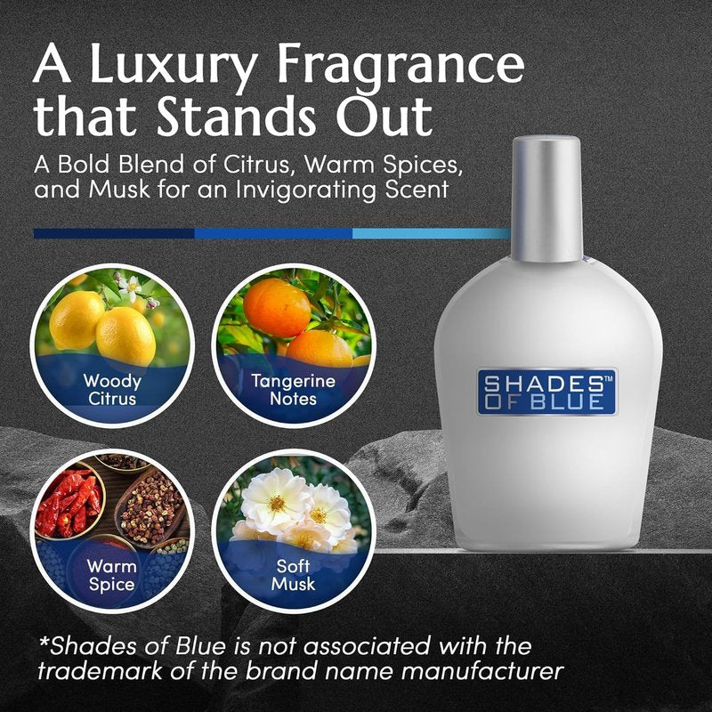 PB ParfumsBelcam Shades of Blue Eau de Toilette Spray for Men – Fresh Citrus Woody Cologne with Mandarin, Warm Spices & Musk – Mediterranean-Style Men’s Fragrance, Affordable Everyday Scent, 3.4 Fl Oz