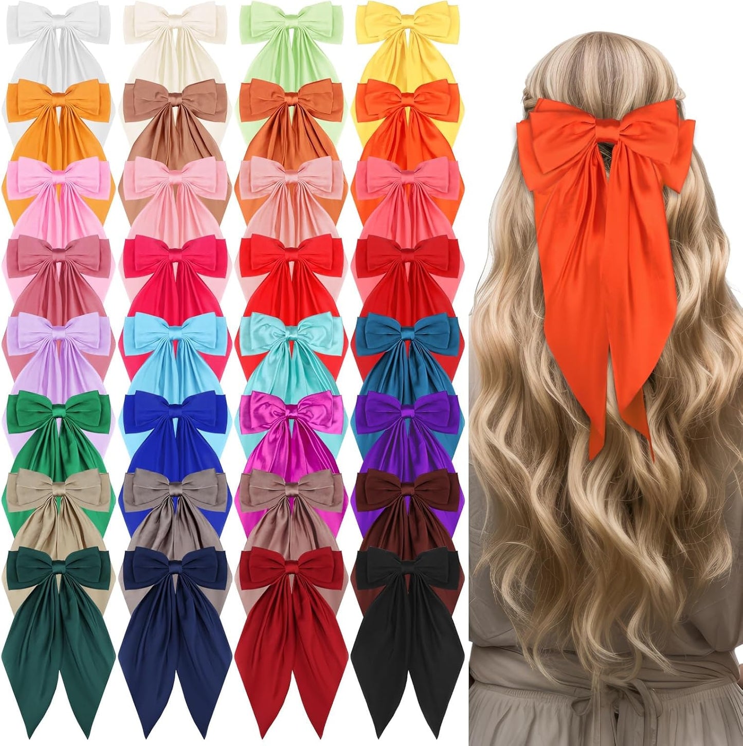 32Pcs Satin Hair Bows - Oversized Silky Hair Clips for Women | Large Ribbons with Long Tails