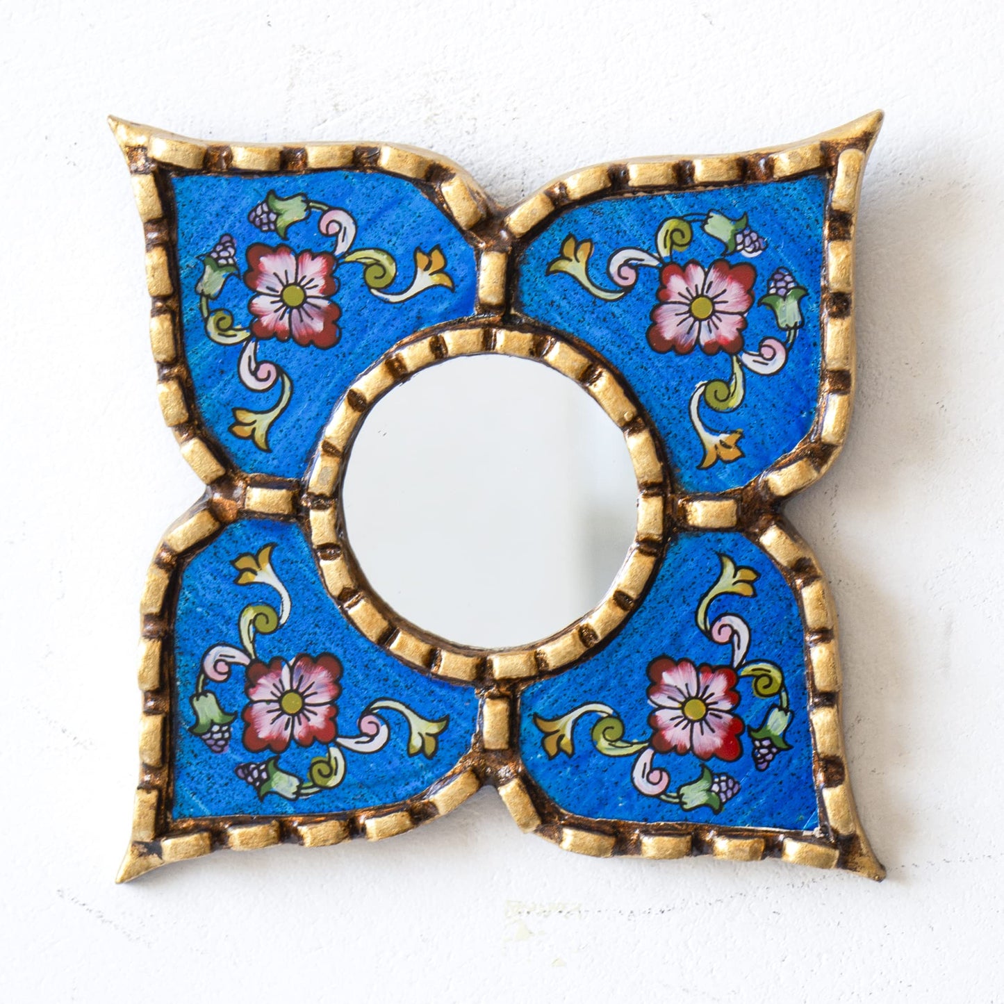 DecorContreras Peruvian Painted Glass Mirror with Bronze Leaf Framed - Handmade Diamond Mirror 6in for Gallery wall (Blue)