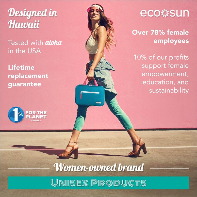 Eco Sun Hanging Travel Toiletry Bag — Designed in Hawaii — Water-Resistant Travel Organizer for Bathroom Accessories (Teal/Hot Pink)