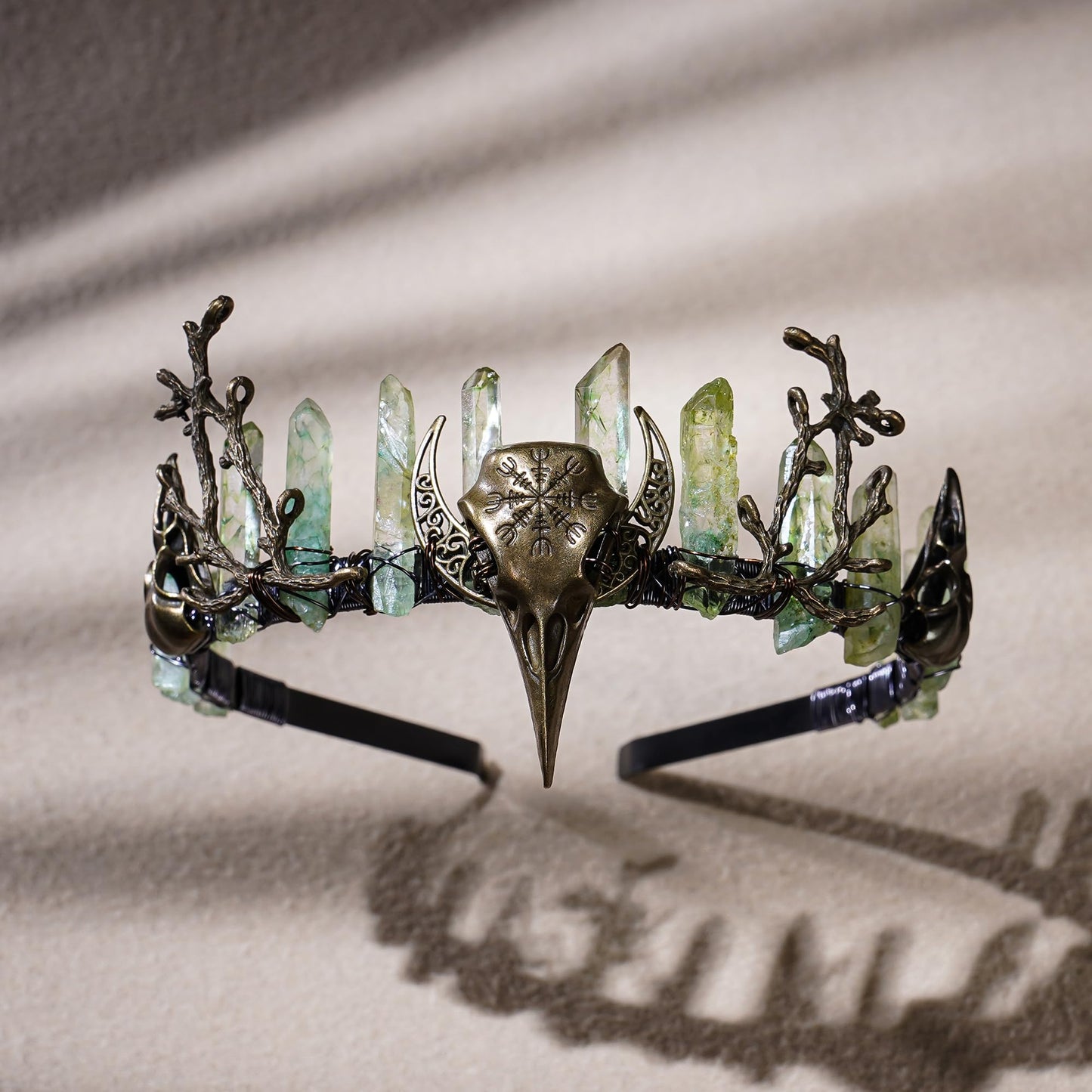 CoTeeZa Green Fairy Crystal Crown - Handmade Raw Quartz Tiara with Bronze Crow Branch Moon Elf Headpiece Fantasy Forest Witch Crown Wedding Renaissance Halloween Cosplay Woodland Headband