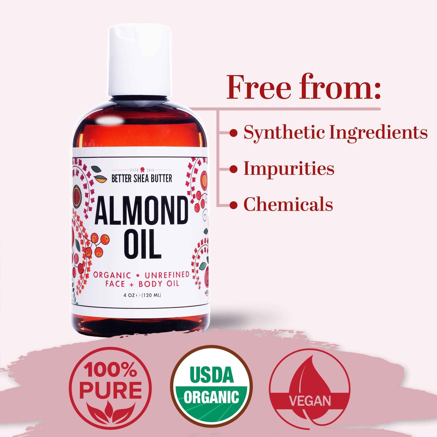 Better Shea Butter Organic Almond Oil | 100% Pure, Cold-Pressed | Natural Massage Oil for Body and Face | 4 oz