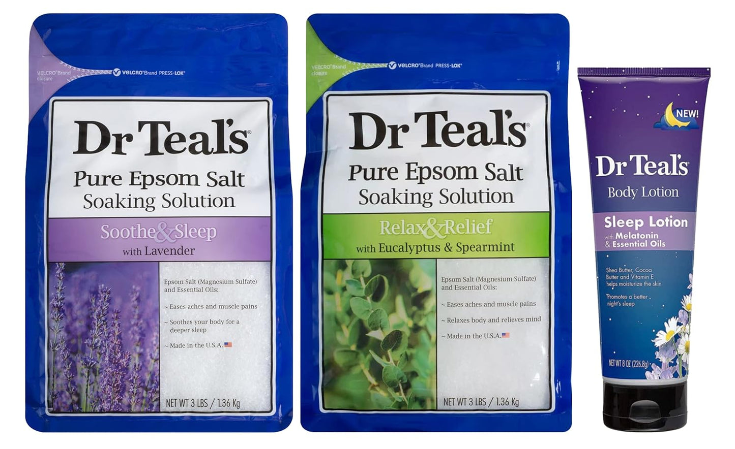 Epsom Salt and Lotion Combo Pack - Lavender & Eucalyptus Soaking Solutions | Night Time Therapy Melatonin Body Lotion (8 oz)