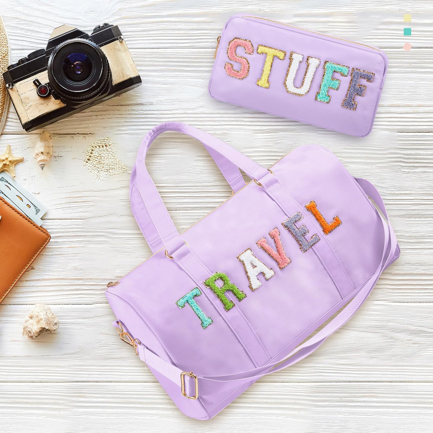 Shinylin 2 Pcs Travel Preppy Duffle Bag and Chenille Letter Makeup Pouch Cosmetic Zipper Patch Weekender Carry on Tote Bag for Women(Light Purple)