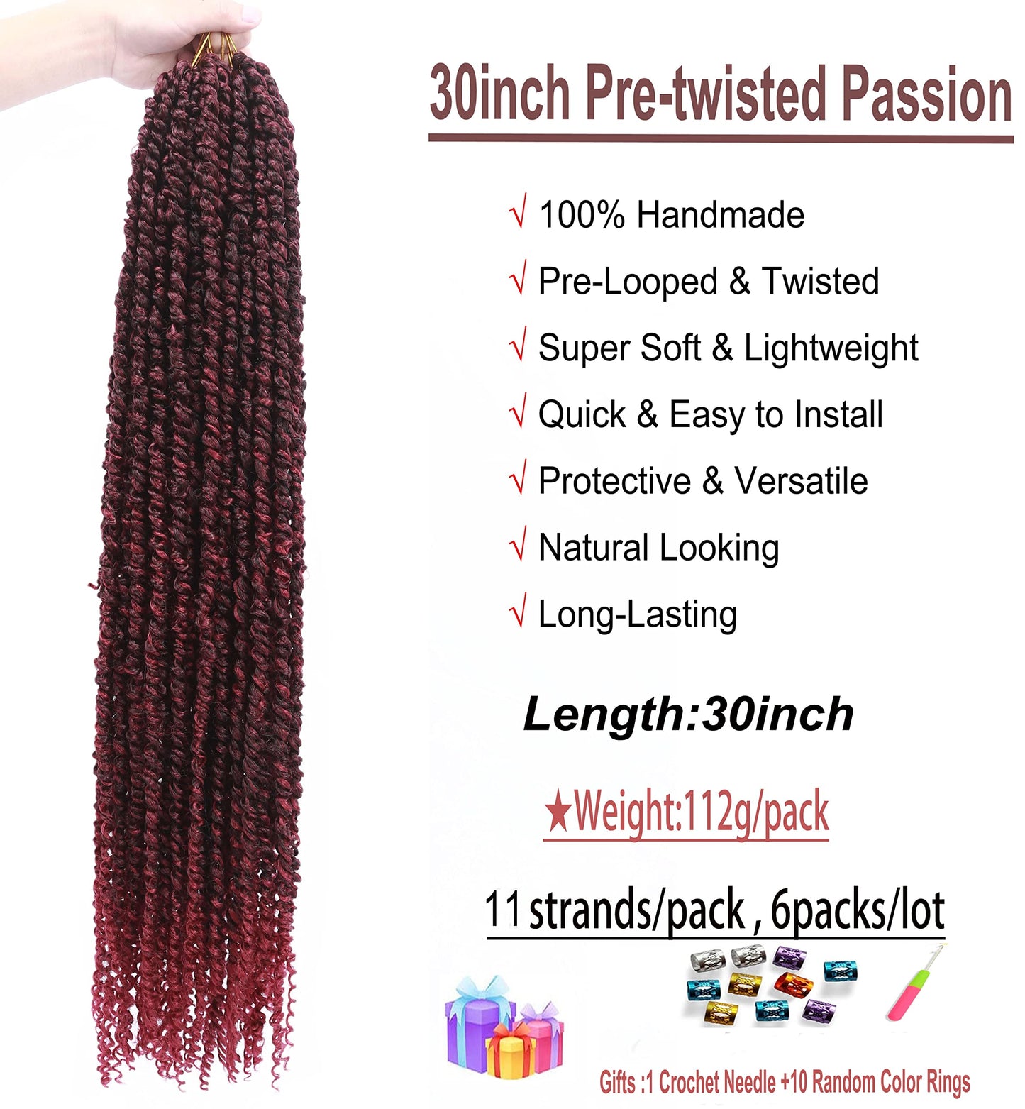 Passion Twist Hair 30 inch PreTwisted Long Passion Twist Burgundy Crochet Hair, Ombre Red 6 Packs Bohemian Crochet Pre Looped Braids Hair for Black Women Water Wave Hair Extensions