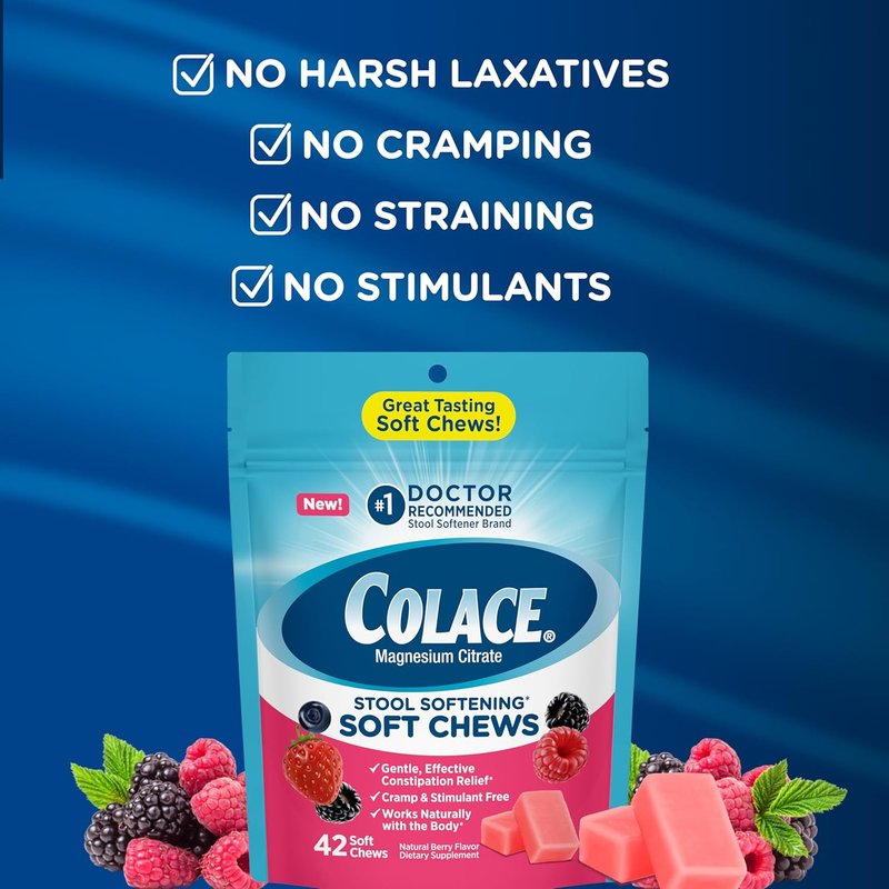 Colace Stool Softener Chews - Gentle Constipation Relief | 42 Count, Mixed Berry Flavor