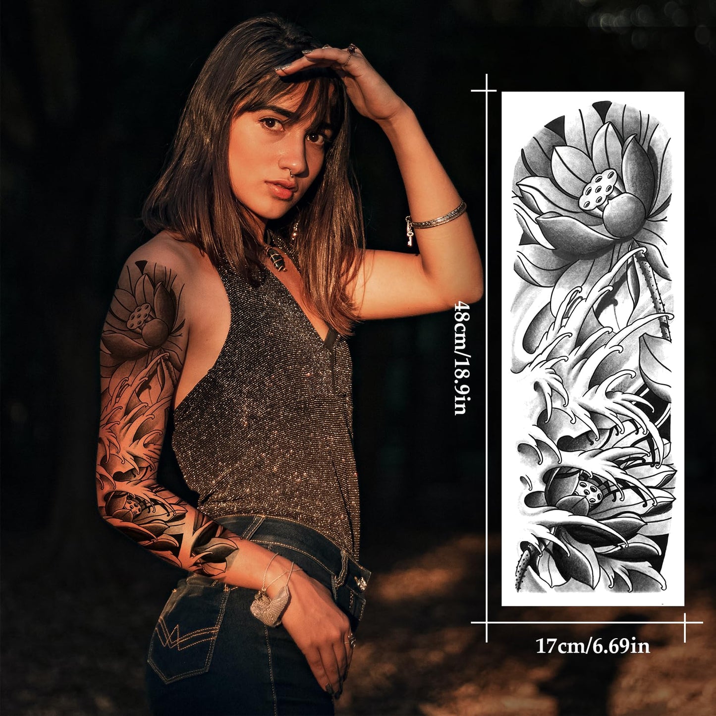 12 Sheets Full Arm Temporary Tattoos Adults, Waterproof Japanese Tiger Samurai Skull Sleeve Tattoos, KOI Dragon Lotus Fake Tattoo Kits for Cosplay BBQ Pool Beach Party