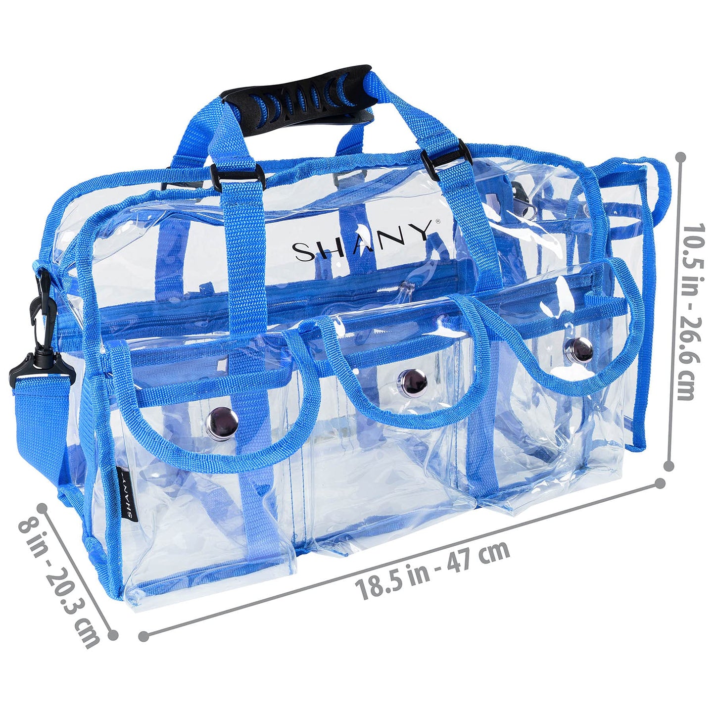 SHANY Cosmetics Shany clear pvc makeup bag - large professional makeup artist rectangular tote with shoulder strap and 5 external pockets - blue, Blue