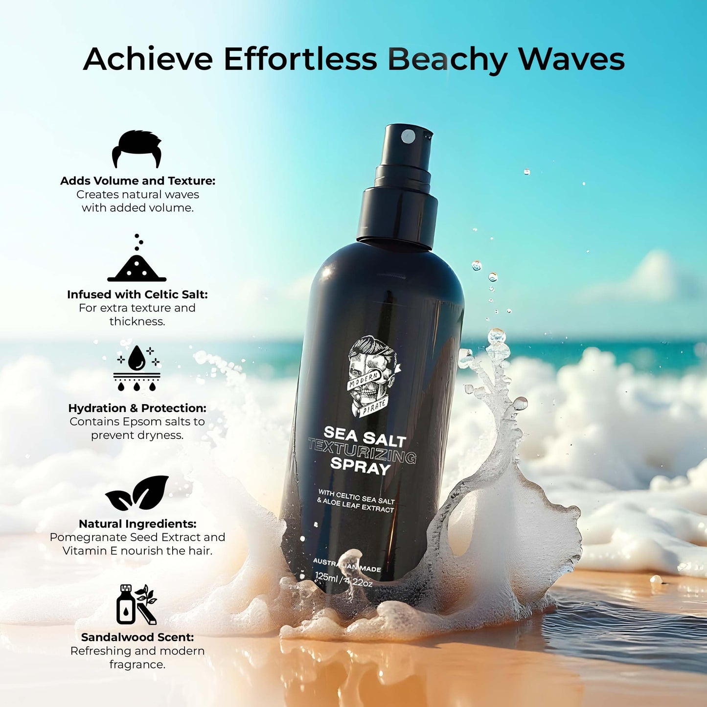 Modern Pirate Sea Salt Spray for Men - Hair Texturizing Spray for Tousled Hair - Add Texture & Grit to Hair - Men’s Volumizing Hair Spray for a Beach or Surfer Hair Style - Medium to Light Hold