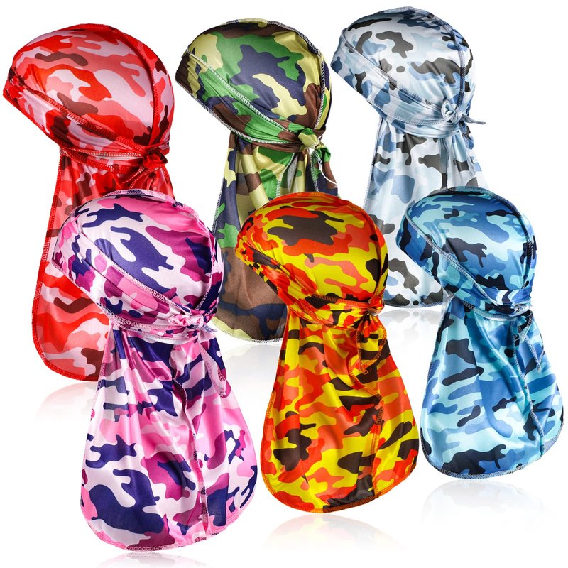 Tarpop 6 Pcs Camo Durag for Men Silky 360 Waves, Colorful Camo Durag Design Du Rag Cap for Men and Women Hip Hop Rapper