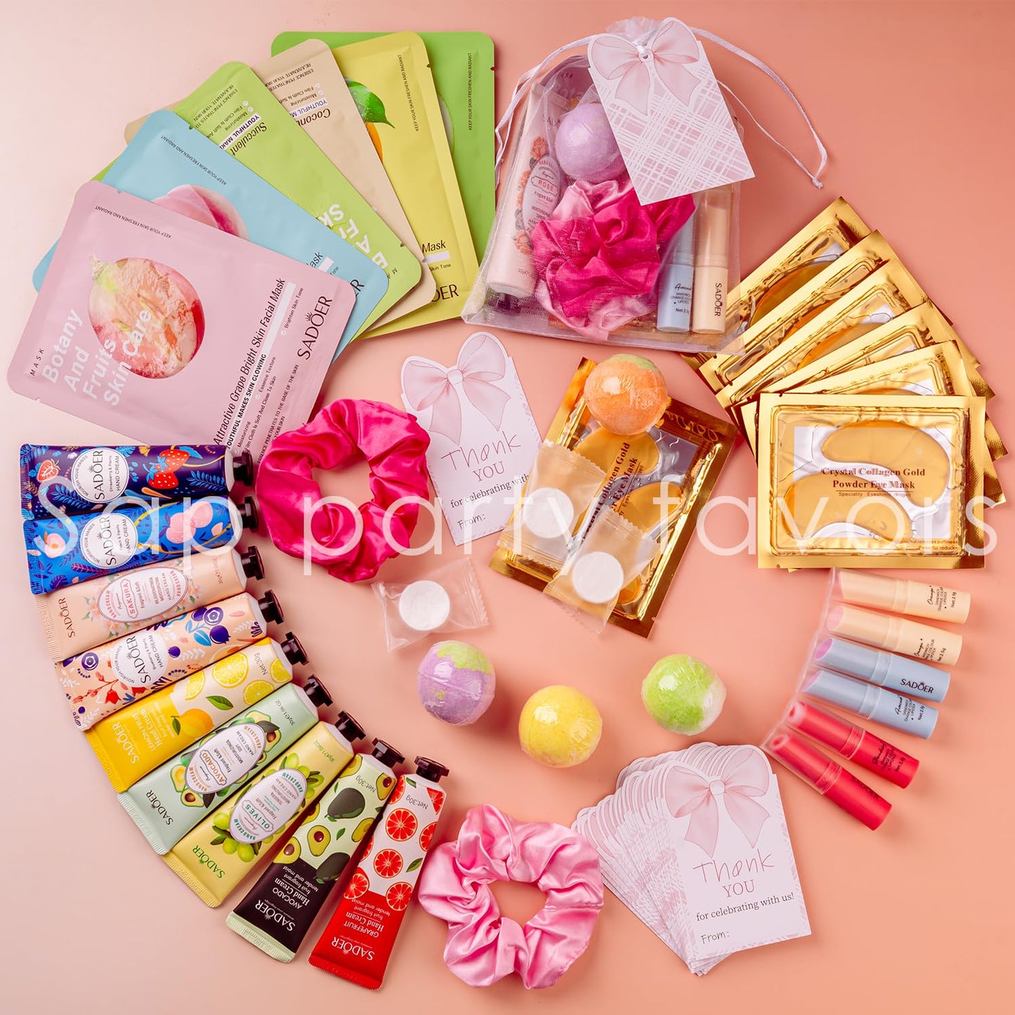 108 Piece Girls Spa Party Supplies Set , Face Masks, Hand Creams, Eye Patches, Bath Bombs, Lip Balms, 12 Person Kit