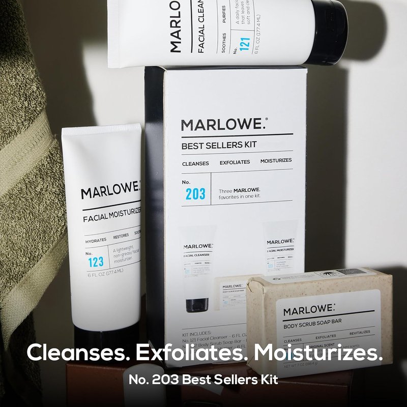 Marlowe Men's Skin Care Set - 3-Piece Exfoliating Scrub, Purifying Cleanser & Hydrating Moisturizer | Vegan Grooming Essentials