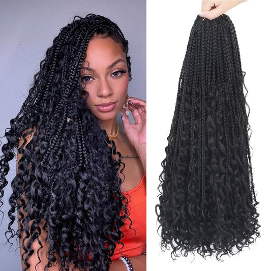 24 Inch Boho Braids Crochet Hair Pre Looped Bohemian Crochet Box Braids with Curly Ends, 8 Packs Goddess Box Crochet Braids for Black Women Long 3X Boho Crochet Braids Synthetic Braiding Hair 1B