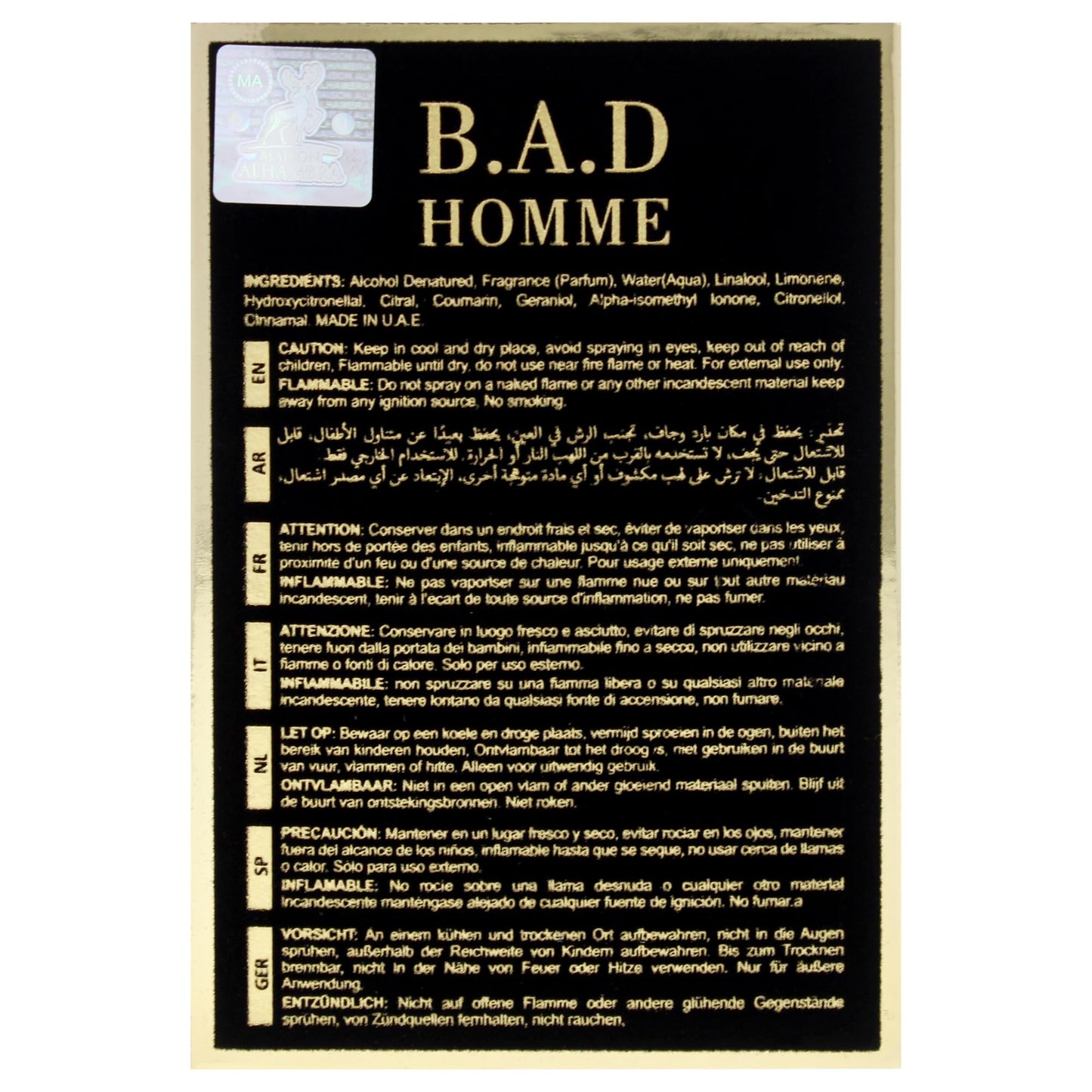 B.A.D by Maison Alhambra for Men - 3.4 oz EDP Spray