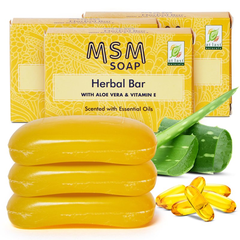 At Last Naturals MSM Soap Bar Body Soap for Men and Women Fine Line Wrinkle Reduction Herbal Moisturizer with Aloe Vera Vitamin E Essential Oils Deep Cleansing for Sensitive Skin 3 Ounce (Pack of 3)