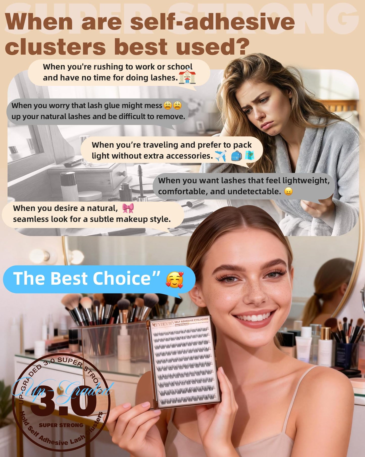 EYDEVRO Natural Self Adhesive Eyelashes Wispy Self Adhesive Lash Clusters No Glue Needed Eyelash Clusters Pre-glued Individual Lashes Up-graded 3.0 Self Adheisive Strip Strong Hold for 48+ Hours