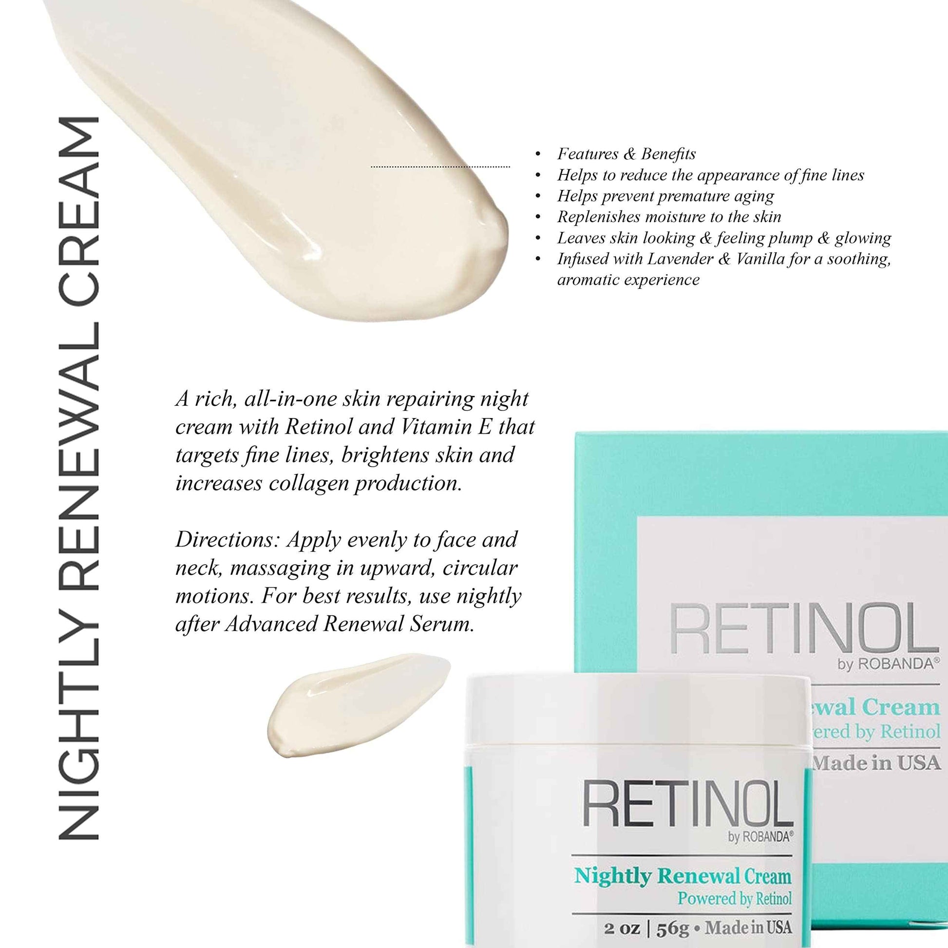 Robanda Retinol Nightly Renewal Cream │ All in One Age Repairing Night Cream Targets Wrinkles and Fine Lines