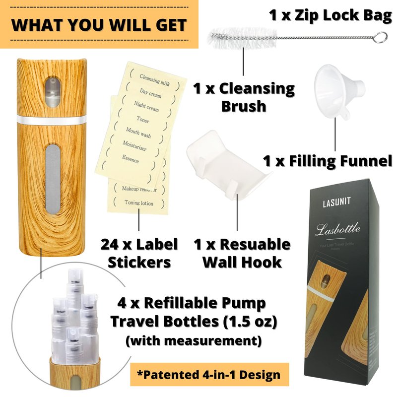 Lasunit-Lasbottle: 4 IN 1 Reusable, Potable, Leakproof, Modular Travel Liquid Dispenser, TSA Approved Toiletries and Spray Dispenser (Wood Grain)
